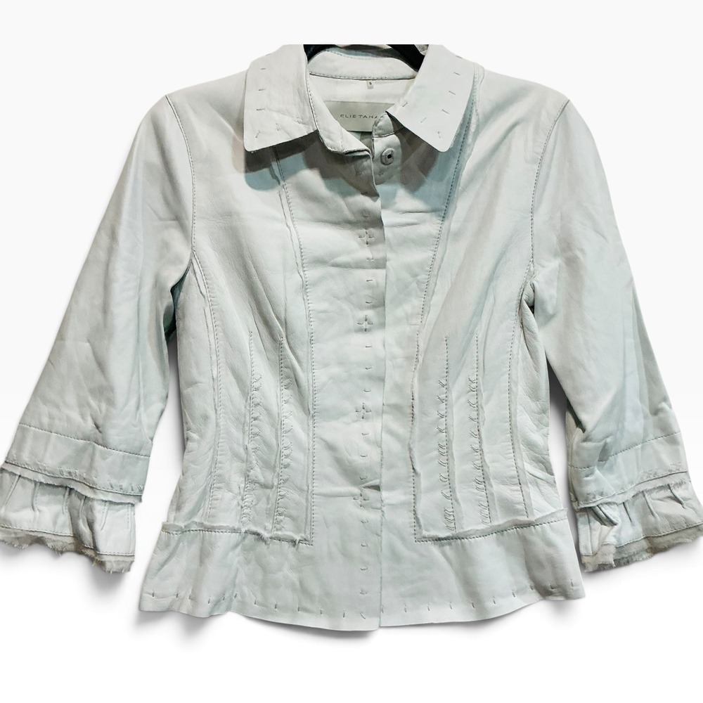 Elie Tahari Rare Soft Leather Icy Blue Ruffle Whipstitch Tailored Jacket Size S